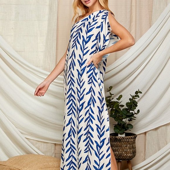 LEAF PRINT ONE SHOULDER SATIN MAXI DRESS - Picture 3 of 5